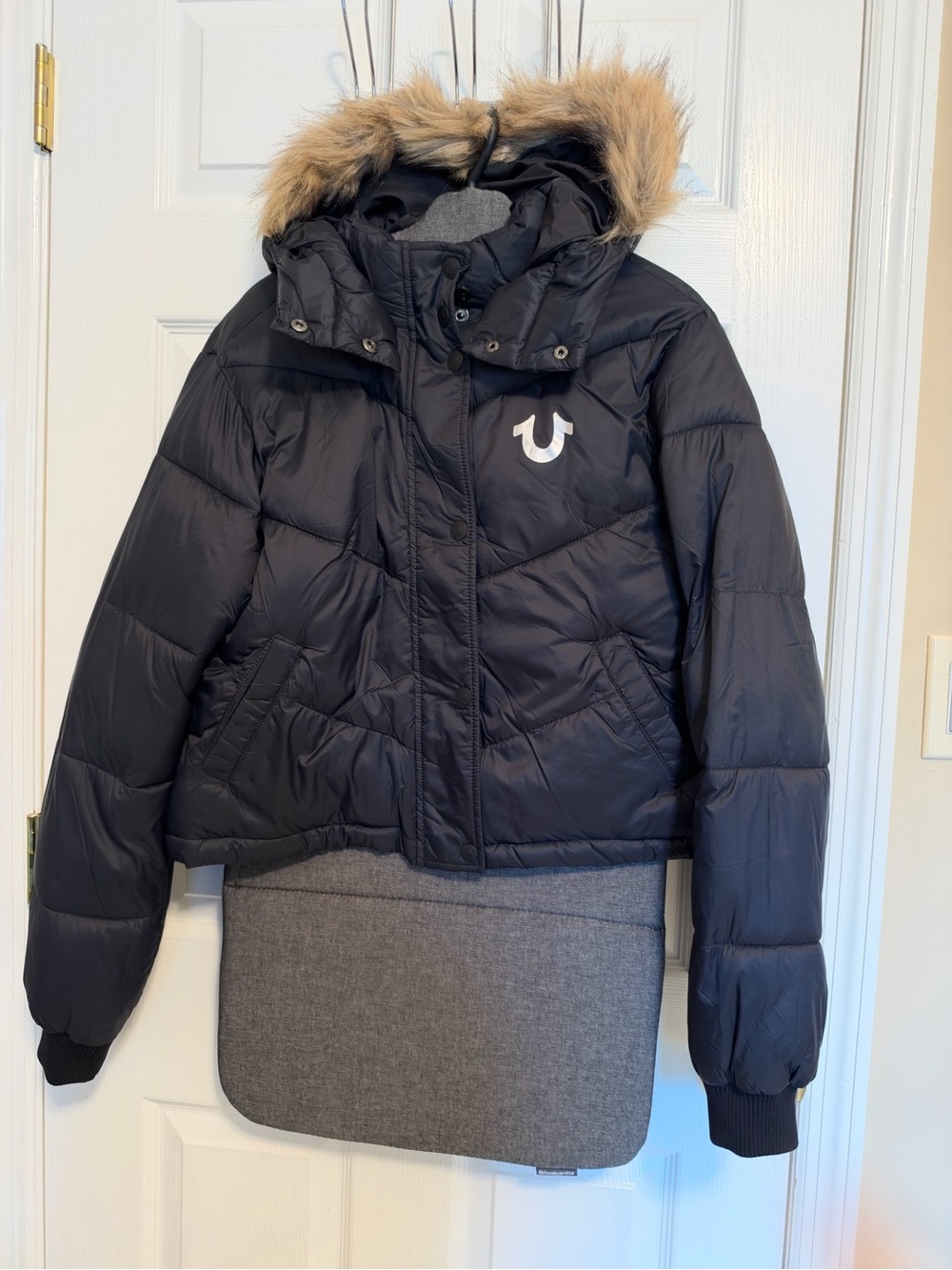 True Religion  Black Puffer Jacket with Faux Fur Hood